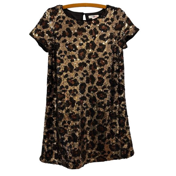 Sugar & Jade Girls Leopard Sequin Shift Dress, Size Large - Picture 1 of 7